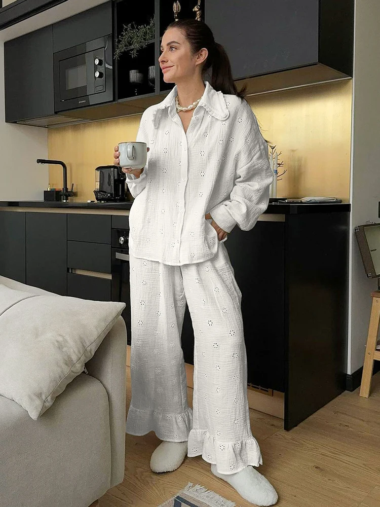 Hiloc Summer White Cotton Long Pants Sleepwears Women 2 Pieces Fashion Loose Solid Blouses Casual Ruffled Pants Pajamas Female