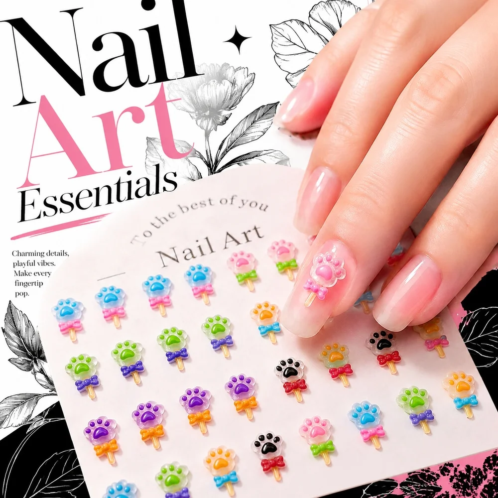 50Pcs Trendy Sweet Girl Nail Charms Cat Paw Bow Magic Wand Resin Parts DIY Teen Girls Nail Art Ornament Kit