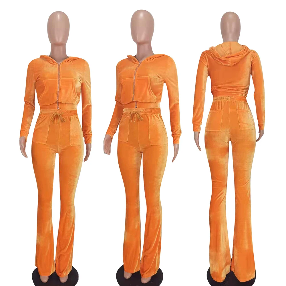 JENYAGE Damen Y2K Einfarbiger Velours Zweiteiler Trainingsanzug mit Reißverschluss-Kapuzenjacke und ausgestellter Hose mit Kordelzug, lässiger Jogginganzug – Detail 24