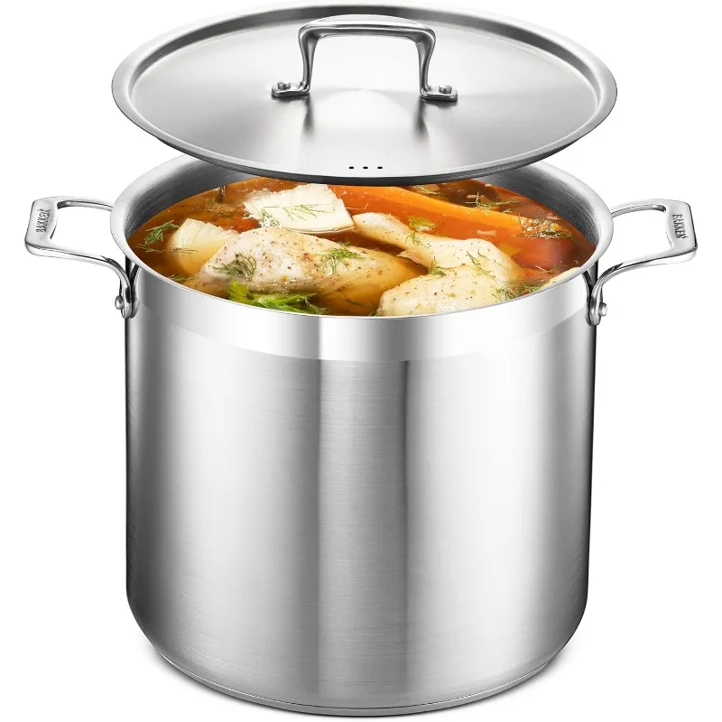 Stainless Steel – Heavy Duty Induction Pot with Lid and Riveted Handles – For Soup, Seafood, Stock