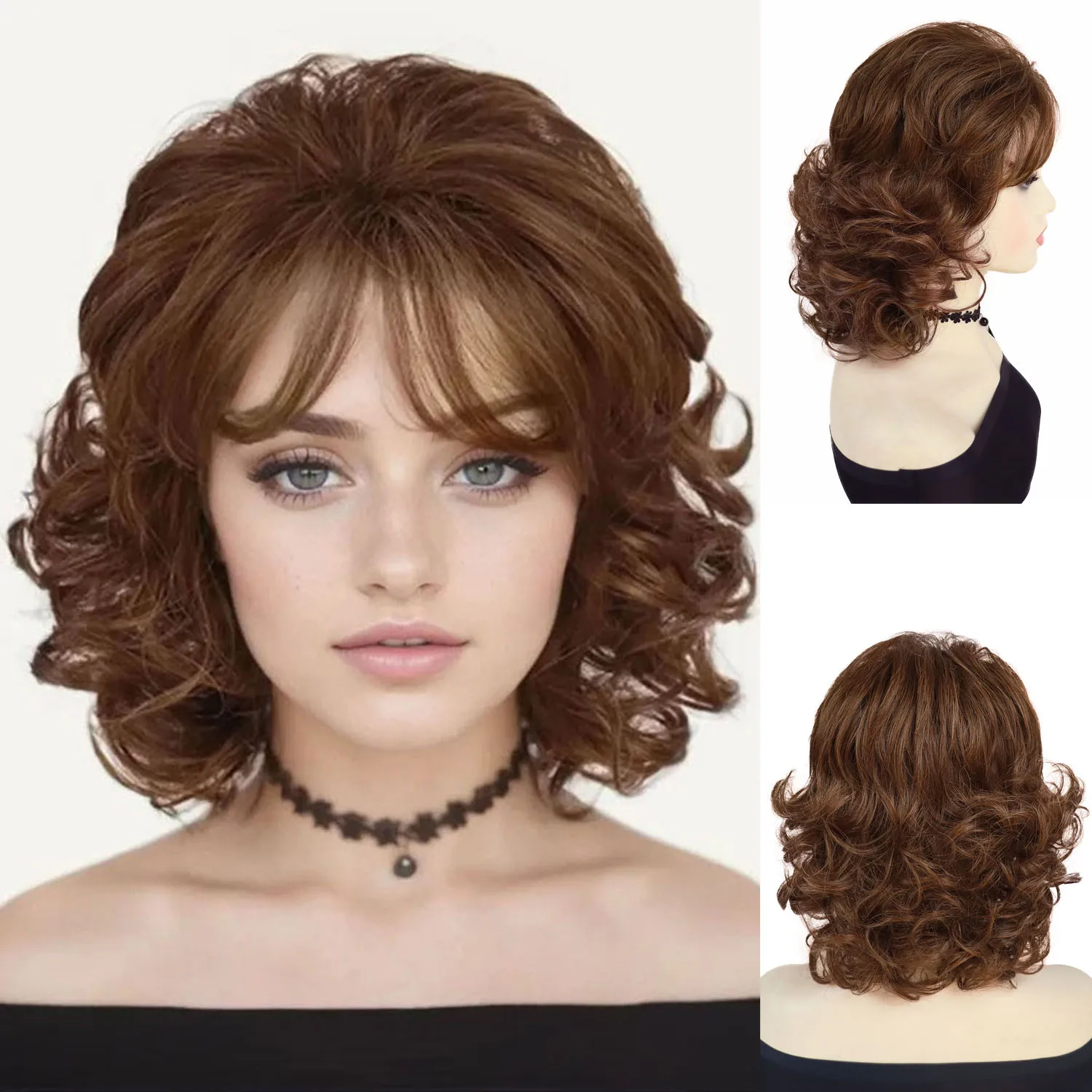 

Парики из синтетических волос для женщин Короткий вьющийся парик с занавеской Челка Длина плеч Светло-коричневый парик Old Lady Mommy Wig Daily Casual