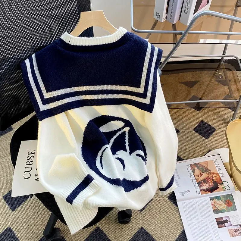 Extra Large Size 150.00kg Sailor Collar Knitwear Sweater Women's Spring Plump Girls Loose Youthful-Looking Learning