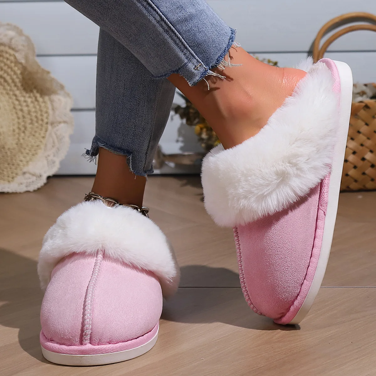 Women Fur Warm  Home House Indoor Shoes Bedroom Slippers Female Ladies Round Toe Winter Furry Fur Shoes Fluffy Plush Slippers