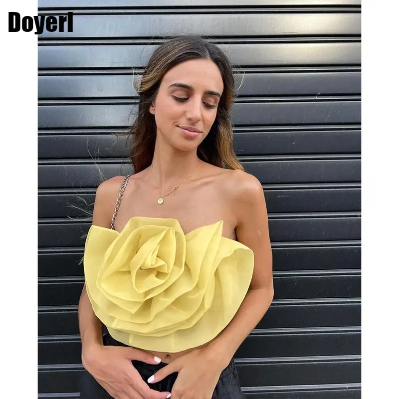 Organza Flower Tube Top Women Summer Clothes Korean Streetwear y2k Cute Strap Mesh Sexy Tank Tops Club Wear Party Crop Top 2023