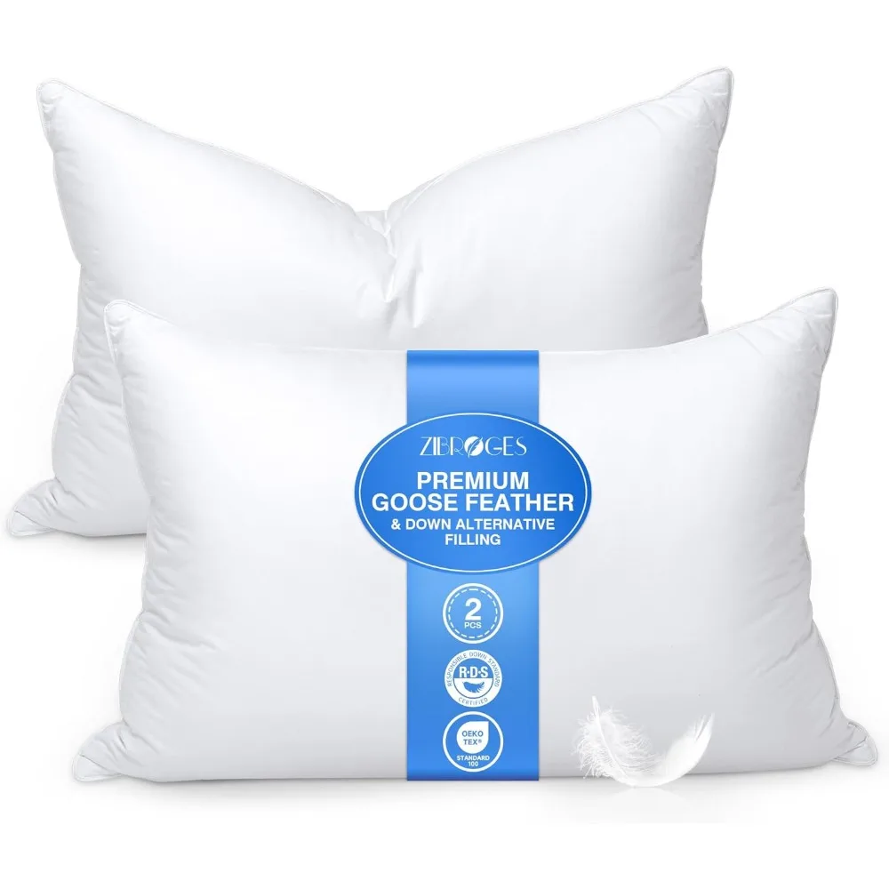 

Goose Feather Pillow Queen Size Set of 2 - Down Hotel Bed Pillows for Sleeping, Soft 600 Thread Count Cotton Cover, Fluffy Suppo