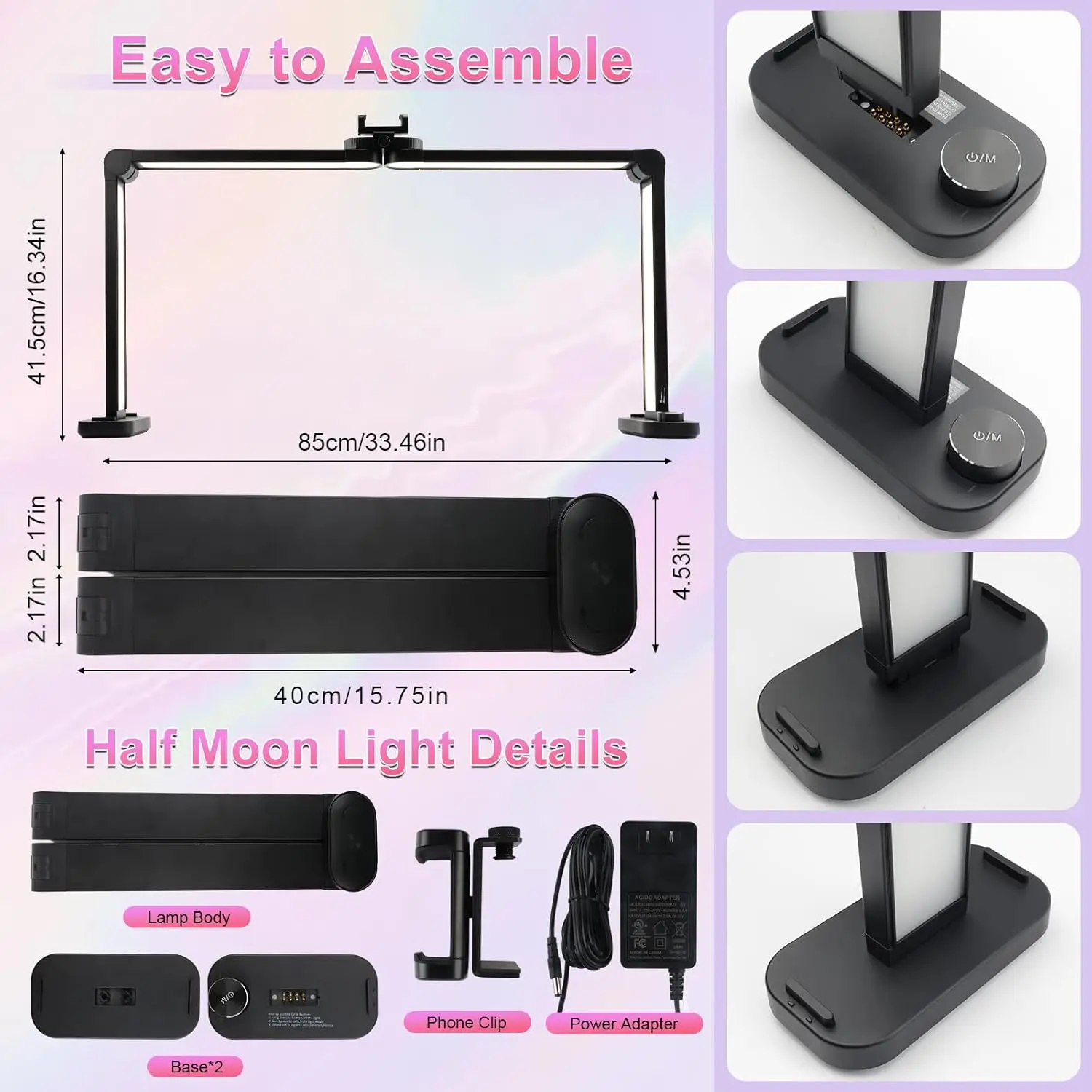 40W Foldable LED Half Moon Lamp with Phone Charging Function Eyelash Beauty Salon Embroidery Rotary Switch Half Moon Nail Light