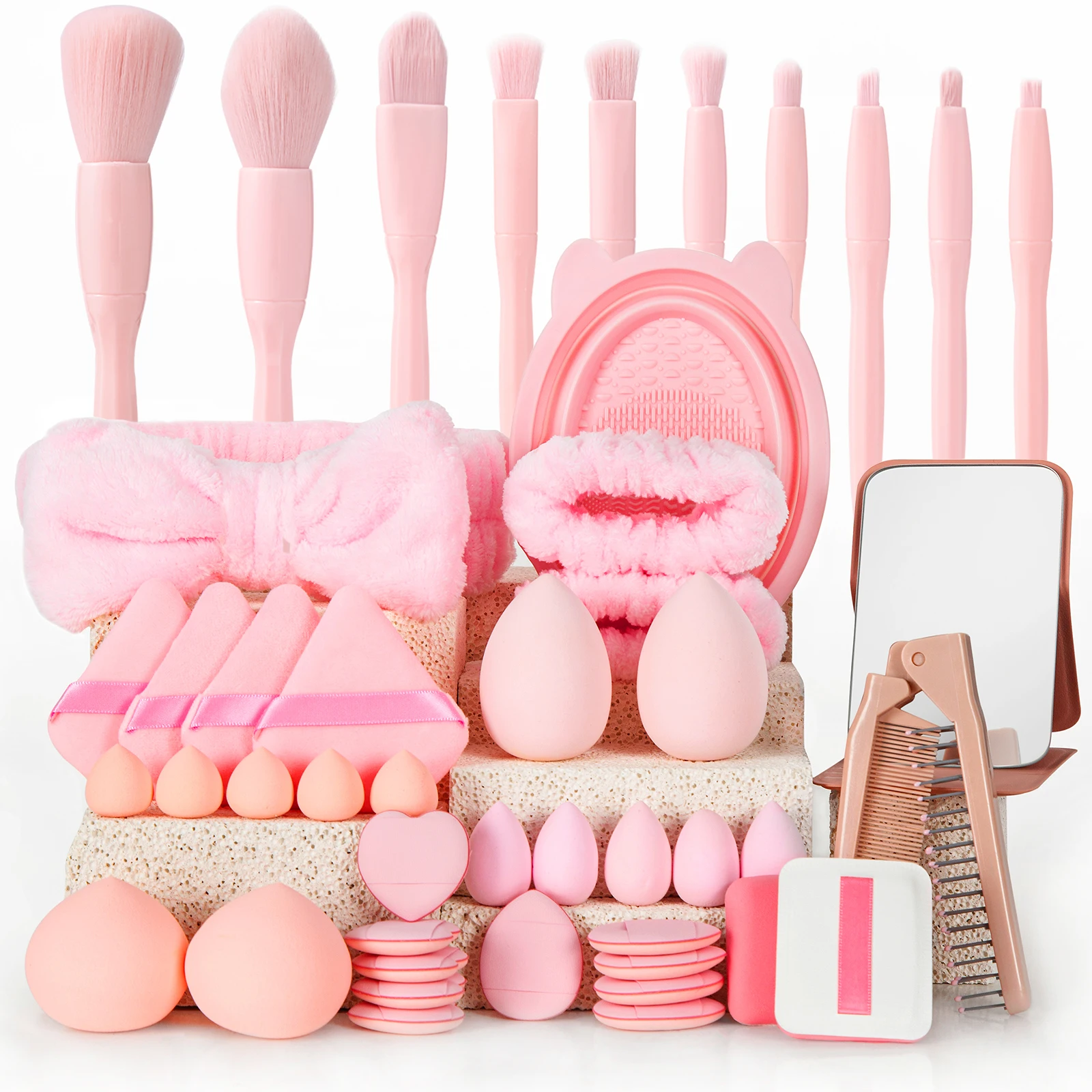 46Pcs Pink Makeup Brushes and Sponges Set，Loose Powder Puffs，Mini Air Cushion Puffs，Headbands， Cleaning Bowl，Makeup Tools Kit