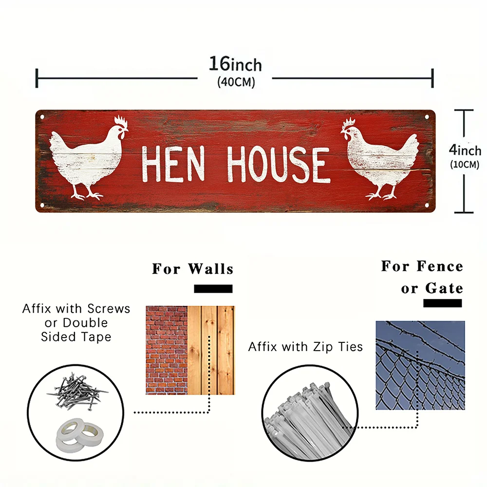 1pc Vintage Hen House Metal Sign - Farmhouse Wall Decor with Rooster Chicken Design, Red Background - Rustic Country Kitchen