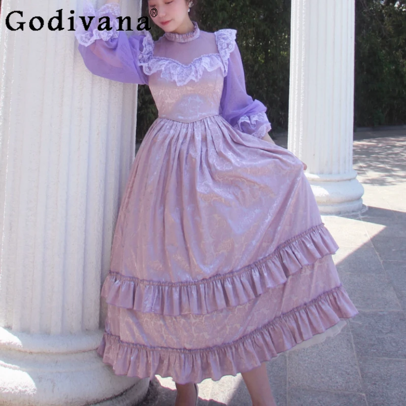 

Spring Autumn New Retro French Court Satin Lace Dress Fashion High Waist A-line Age-Reducing Big Swing Princess Long Dresses