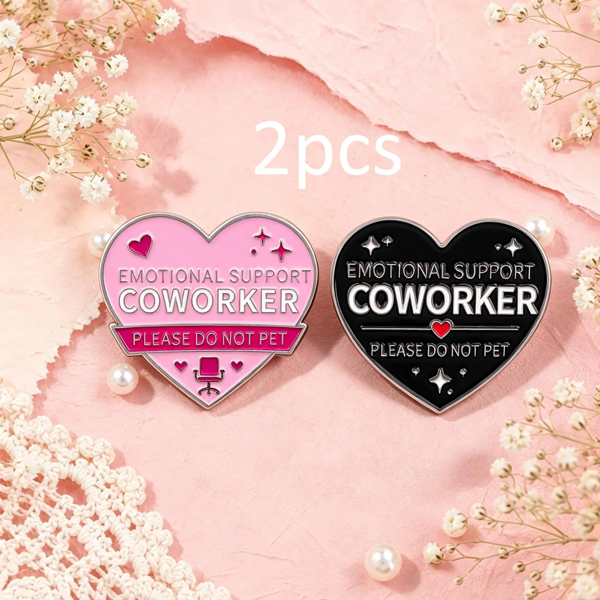 2 Stück Emaille-Anstecknadeln „EMOTIONAL SUPPORT COWORKER“ mit Herz-Brosche für Mantelkragen, Reversnadeln, Metallabzeichen, Schmuck, Geschenk für Freunde