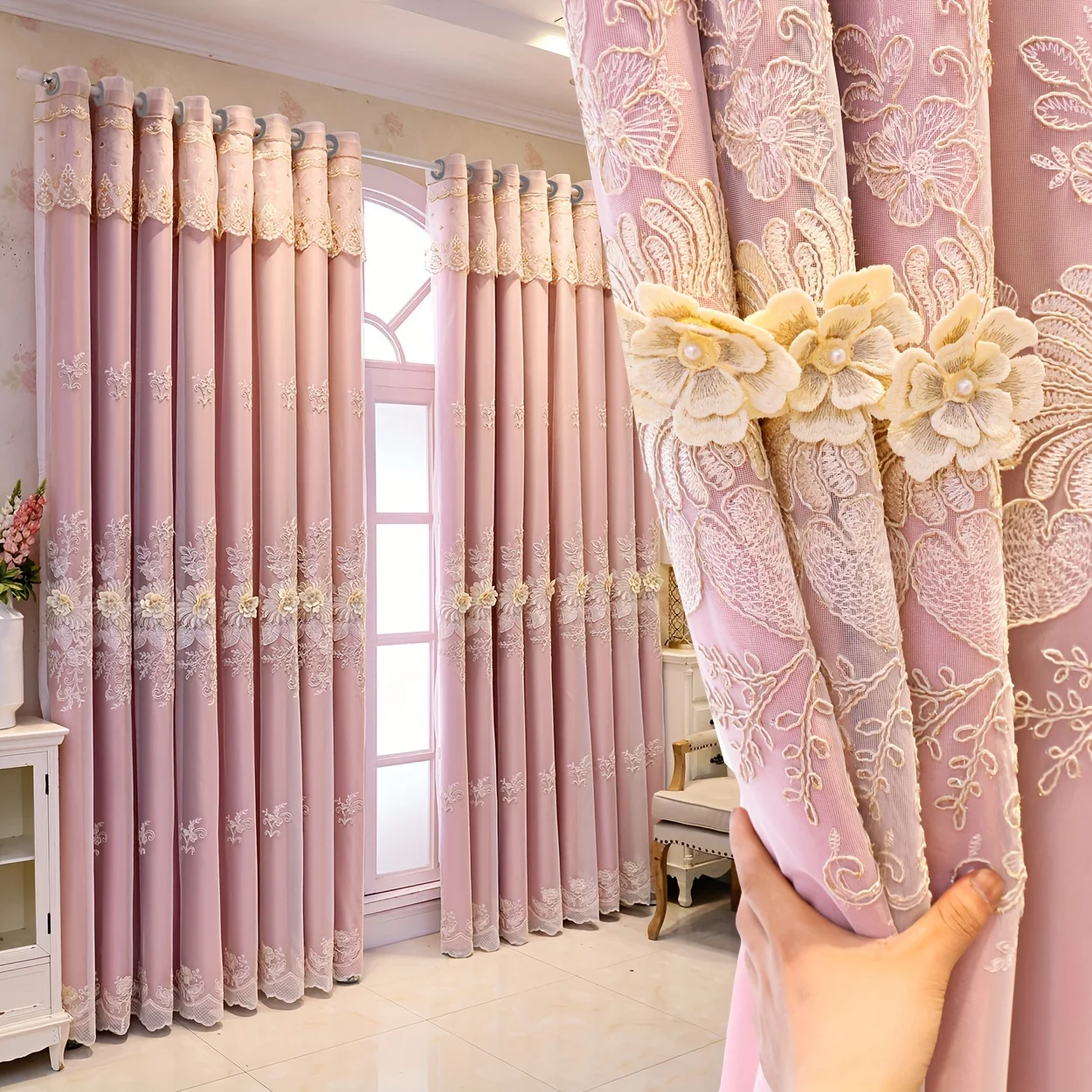 Doppellagiger, stark lichtblockierender Vorhang, besticktes Blumenmuster, anpassbare Fensterdekoration für Wohnzimmer, Balkon und Schlafzimmer