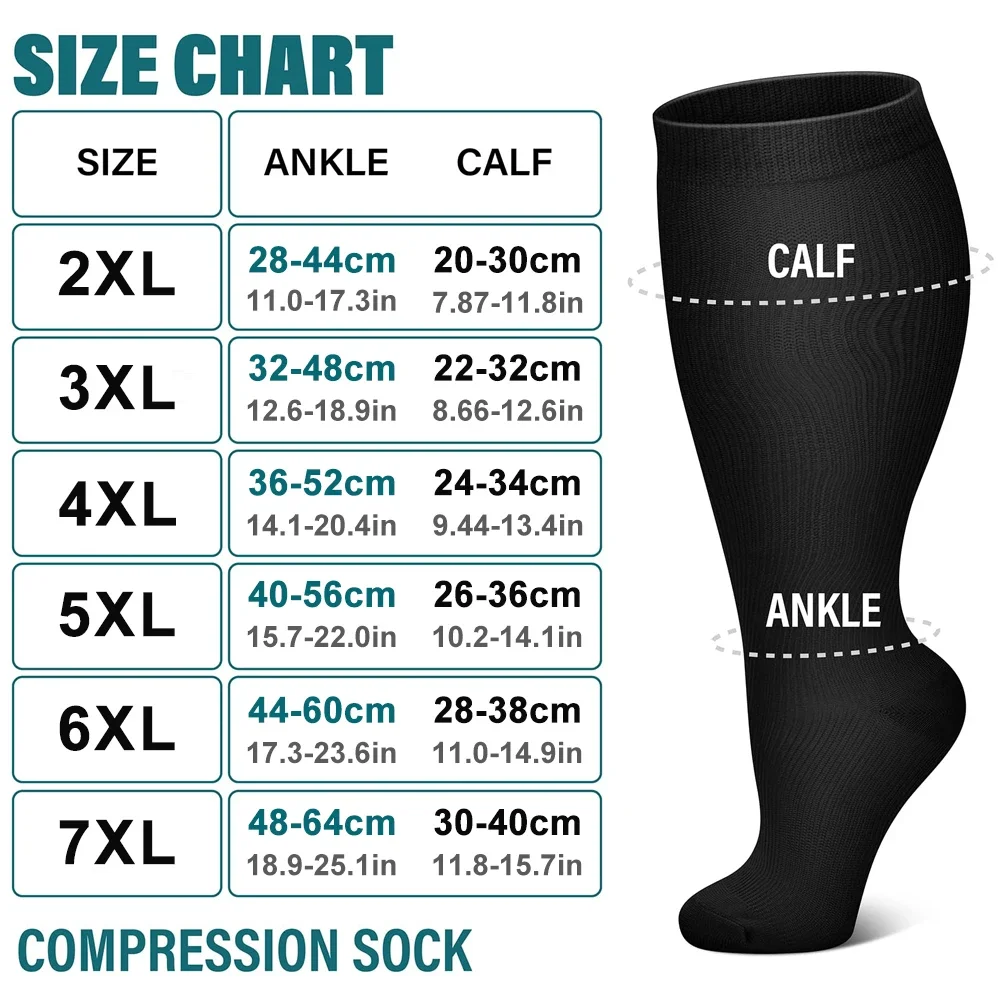 1Pair Plus Size Compression Socks for Women and Men Wide Calf 20-30mmhg Extra Large 2xl-7xl Knee High Support for Circulation