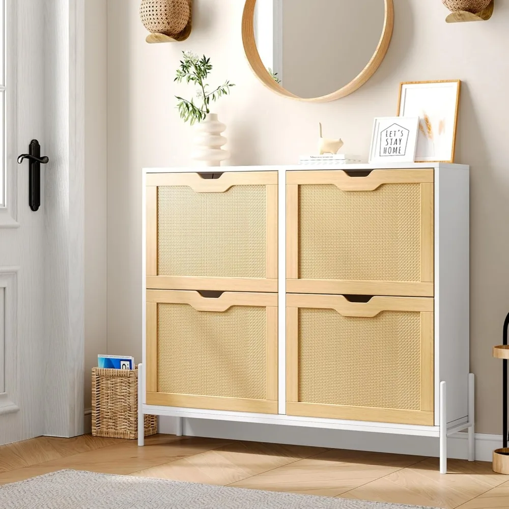 

Large Shoe Cabinet Storage with 4 Flip Drawers, Rattan Narrow Shoe Entryway Cabinet with 3-Tier Adjustable Shelves, Freestanding