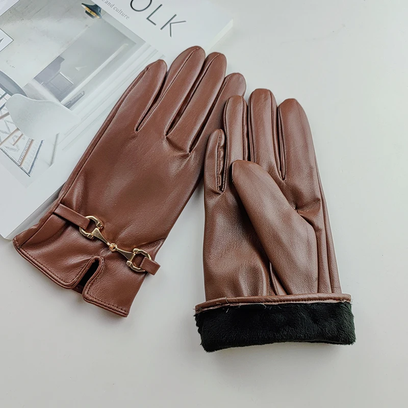 Fashion Chain Plus Velvet Thicken Synthetic Leather Gloves Women Winter Outdoor Sports Cycling Touch Screen Driving Warm Mittens