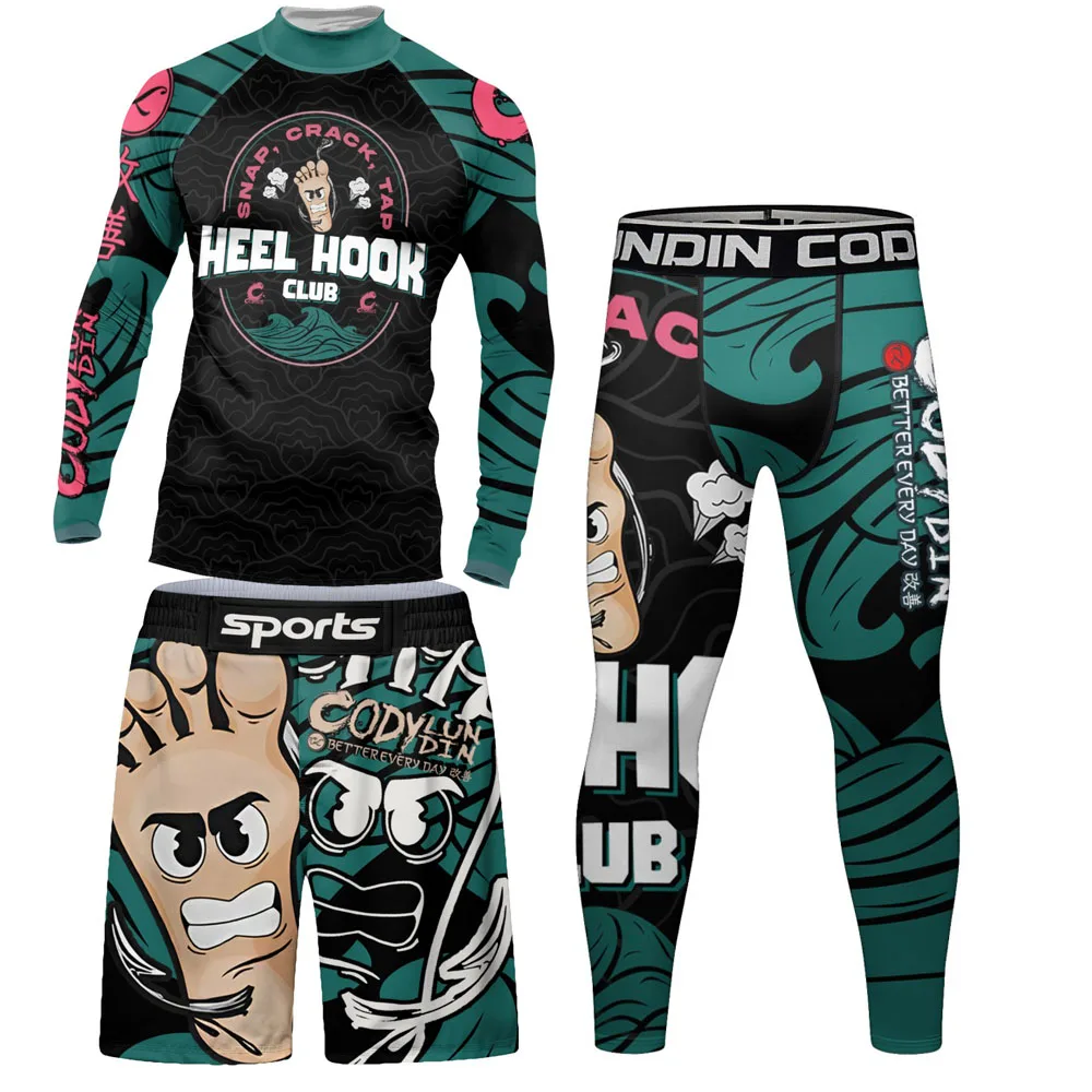 

Новая рашгард для джиу-джитсу + шорты для ММА, мужские комплекты для Bjj, Муай Тай, борьба, бокс, рашгард, спортивная одежда, эластичный полиэстер