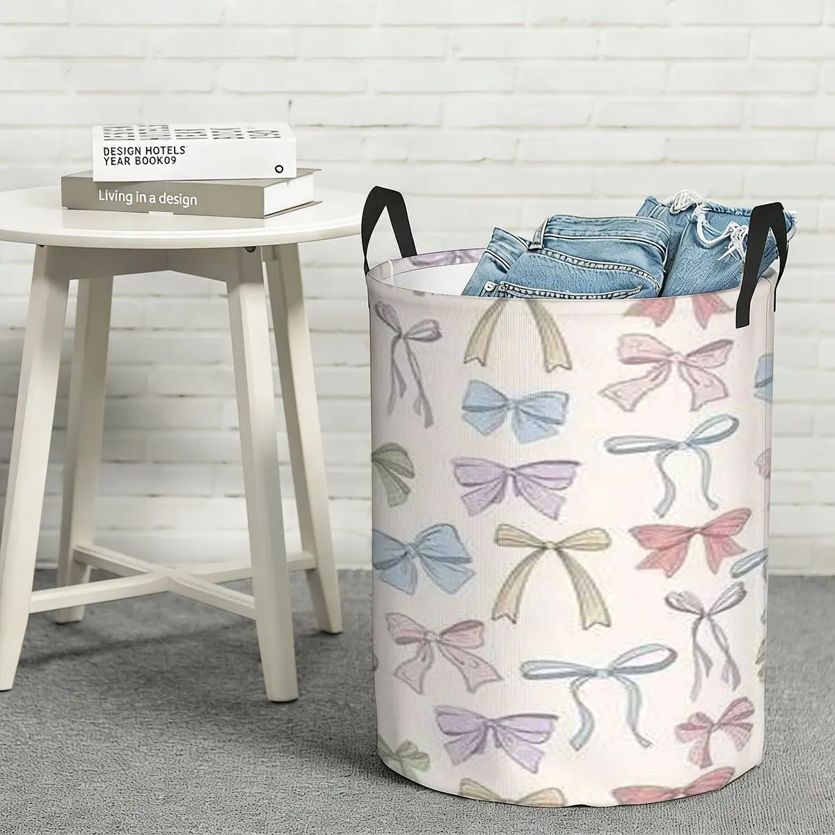 Foldable Laundry Hamper White with All-Over 2D Print of Rose Pink Bows for Laundry Storage Sturdy and Durable Space-Saving
