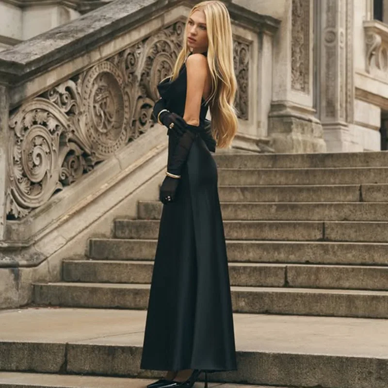 فستان Tuularose أنيق من الساتان موضة الدانتيل الأسود المرقعة المجهزة بلا أكمام فستان بدون ظهر فاخر للنساء فستان سهرة للحفلات