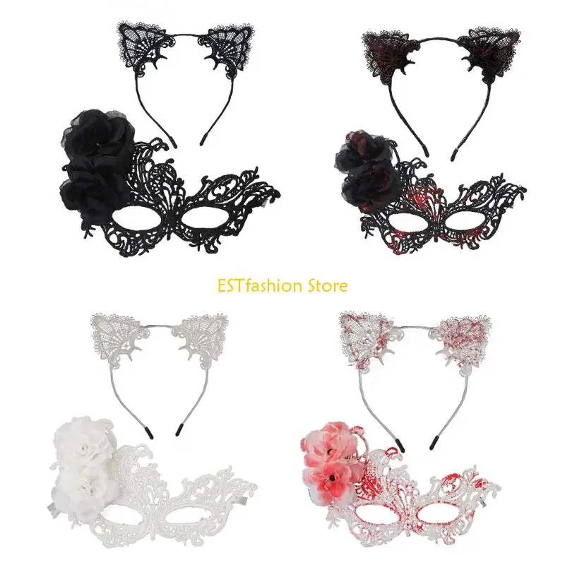 Y5GC Reusable Cosplay Mask and Headband Set Fashion Halloween Hair Accessory for Conventions Celebrations