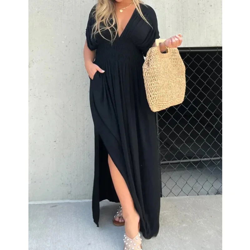 Summer Women A Line Dress High Elastic Waist Pleated Dresses Sexy Dashiki African Split Elegant Sling Dresses New 2023 Vestidos