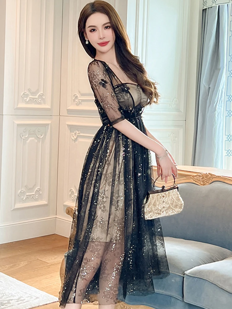 Women's Fashion French Retro Long Dress Woman Sheer Black Lace Butterfly Sequin Ball Gown Party Vestidos Prom Banquet Robe Femme