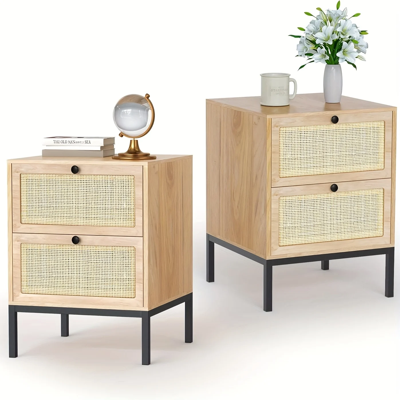 

Set of 2 Rattan Bedside Tables Bedroom Nightstand Side Tables Featuring Natural Rattan Drawer Bedrooms Living Rooms