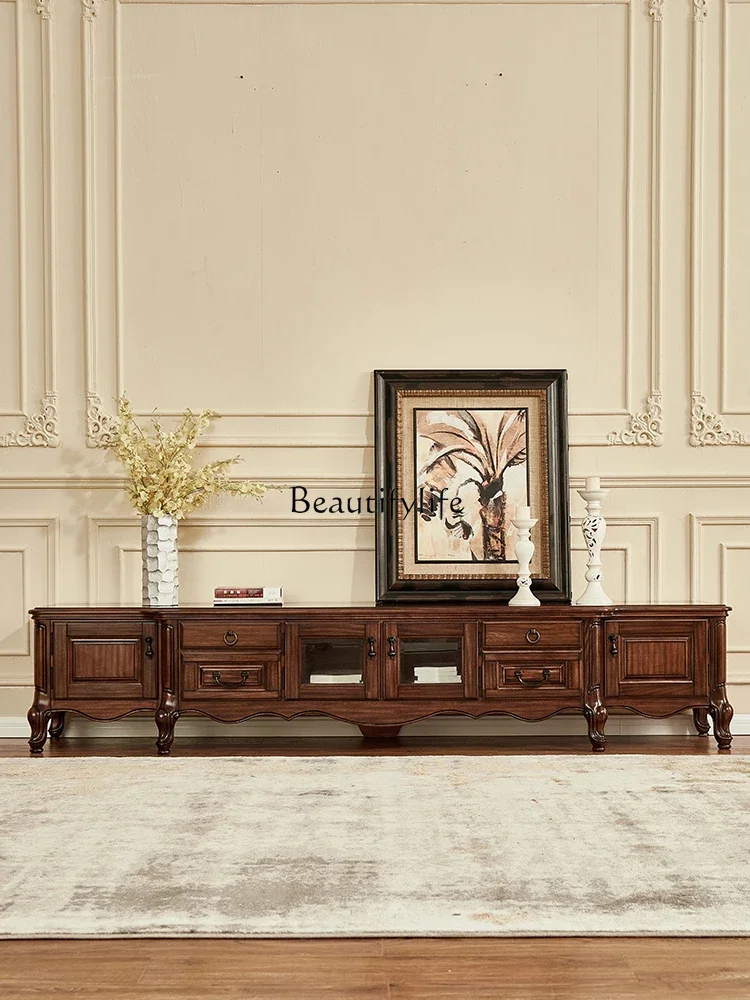 

yj19 All Solid Wood TV Cabinet Black Walnut American Classical High-End Furniture Living Room Floor Cabinet