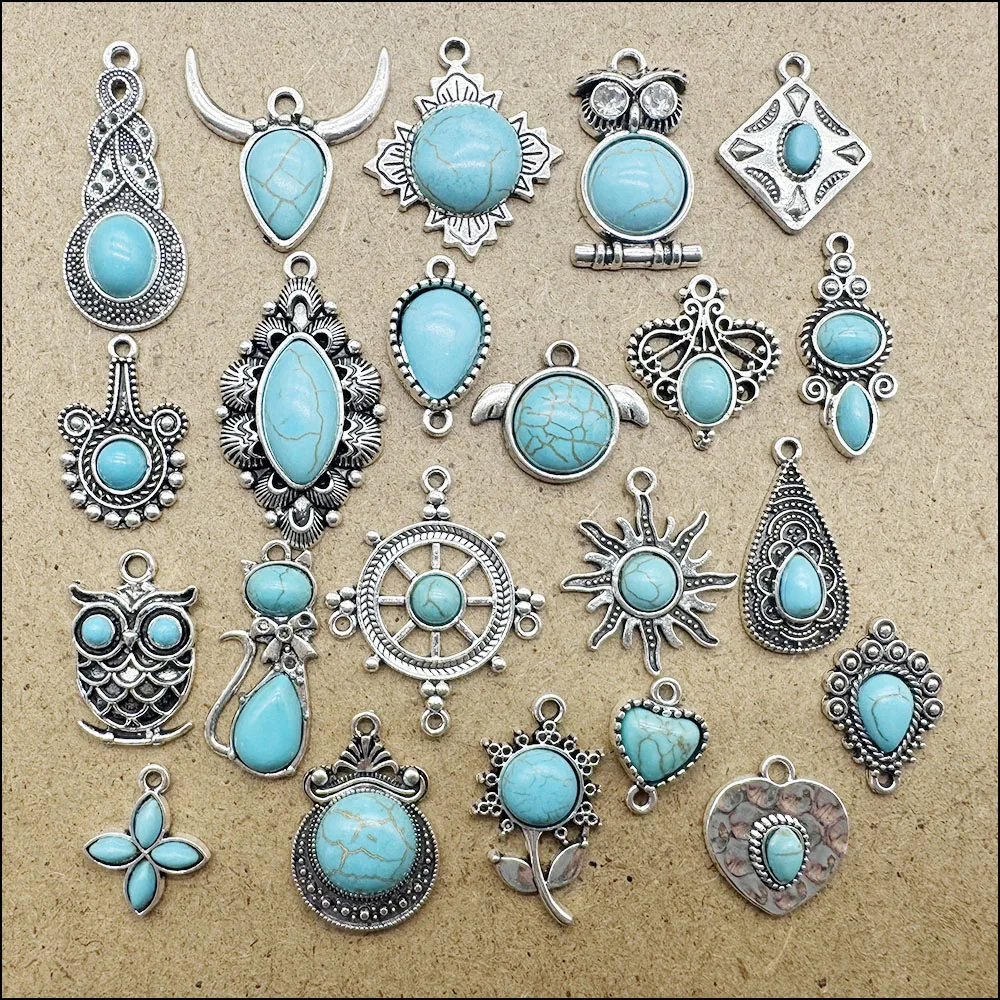 Animal Heart Cross Pendants Antique Silver Color Turquoise Charms For Bracelets Charms Making Jewelry view 2