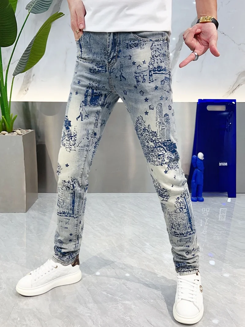 

Men's Printed Jeans Slim Fit Lightweight Stretchy Summer Faionable Trendy Long Pants Casual High Waist Zipper Fly Breathable