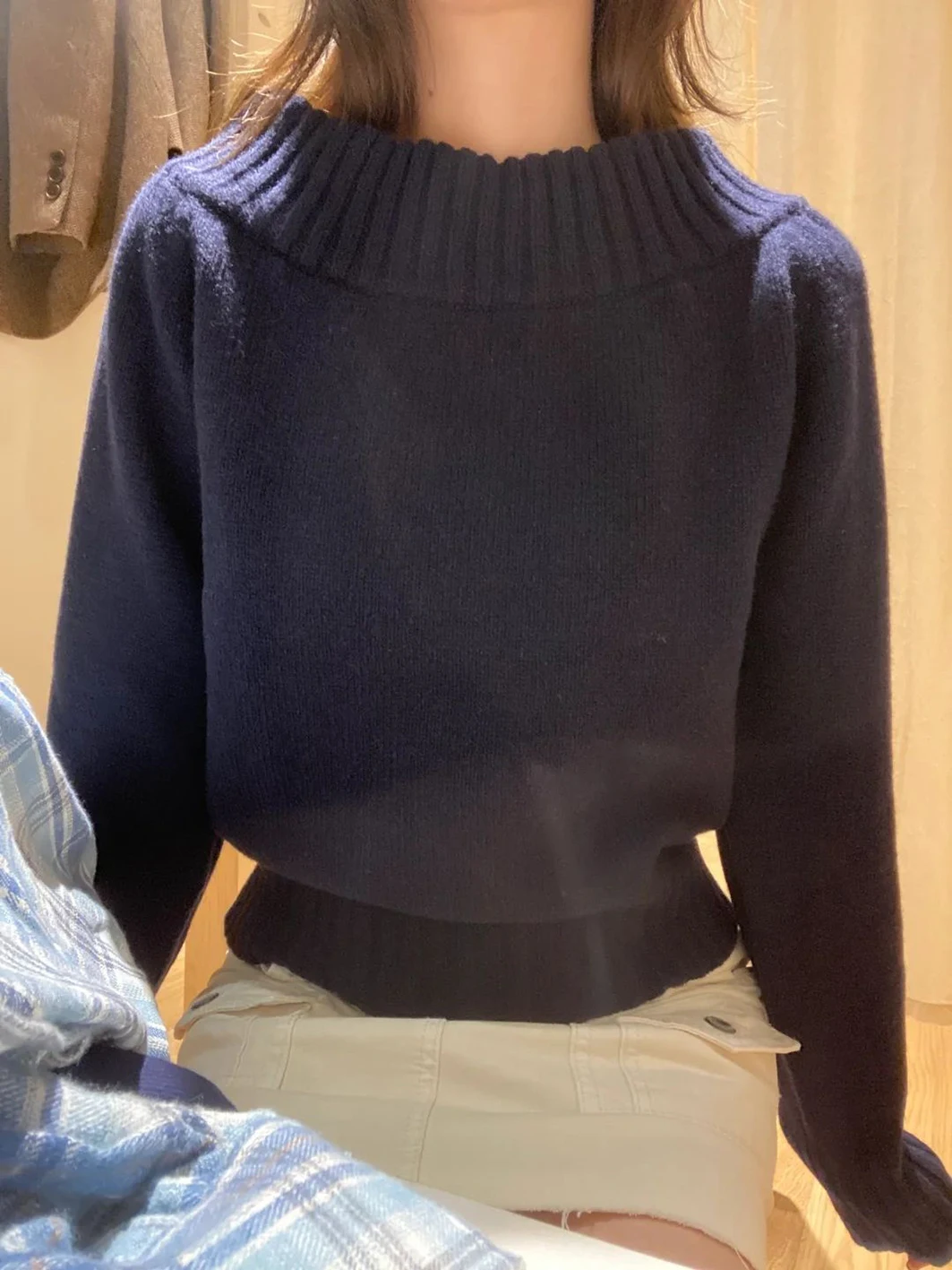 Vintage Navy Slim Cropped Sweater Woman Autumn Slash Neck Long Sleeve Warm Pullover Casual Simple Sweet Cotton Sweaters Top