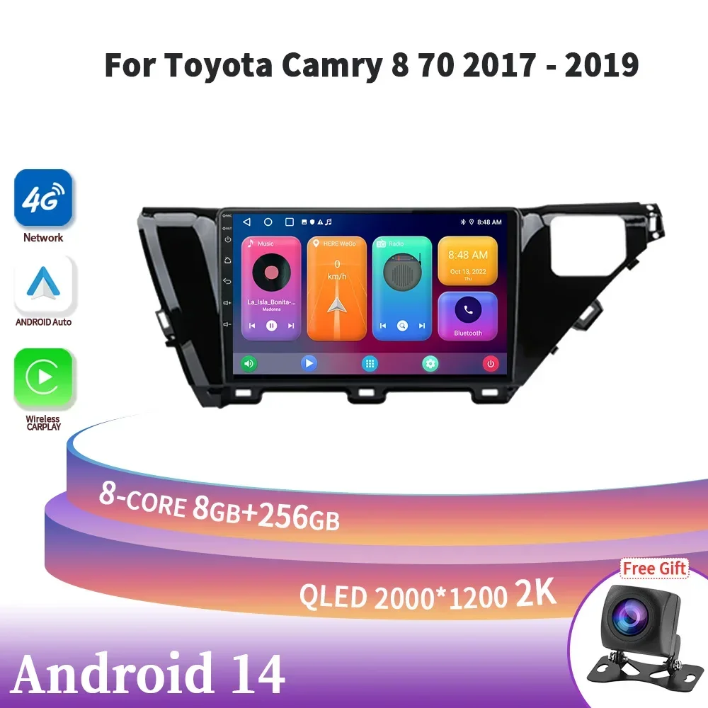 Auto Radio Multimedia Navigation 4G GPS Android 14 Car Screen For Toyota Camry 8 70 2017-2019 Wireless Carplay Stereo Head Unit