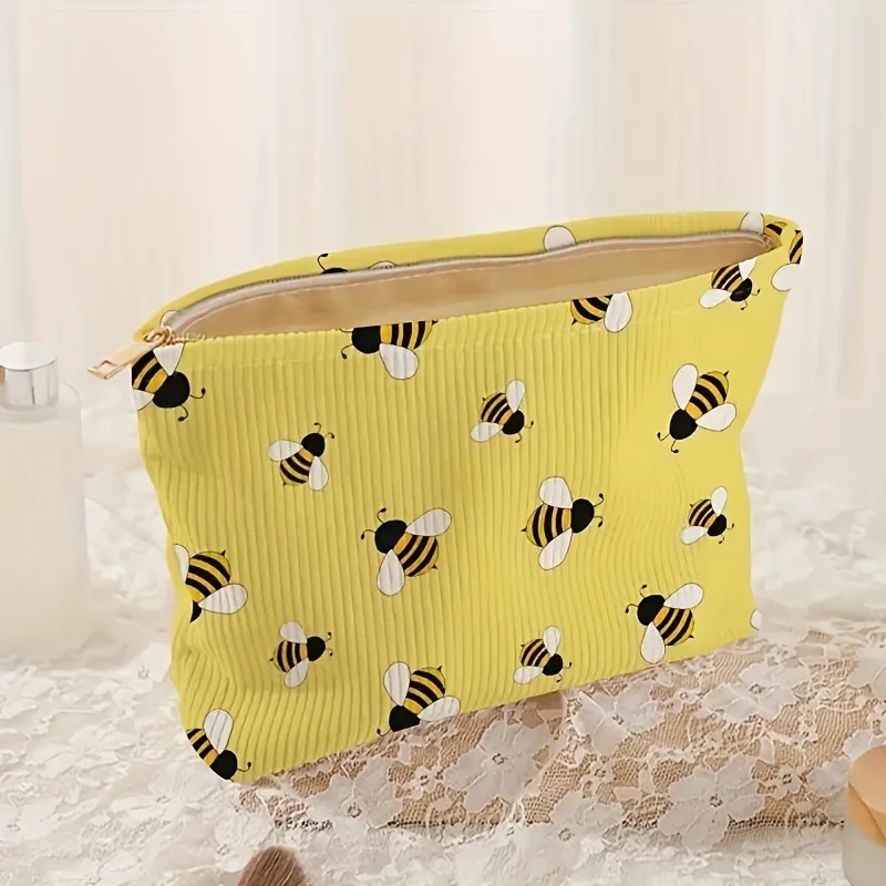 Corduroy Makeup Bag Honeybee Pattern Cosmetic Bag, Lightweight Makeup Organizer  Multifunctional Toiletry Bag