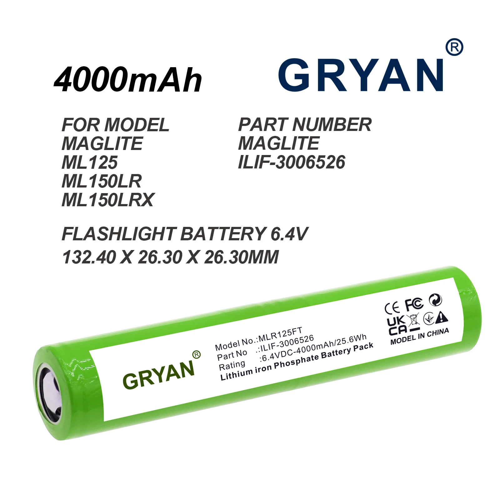GRYAN 4000mAh Flashlight ILIF-3006526 Battery For Maglite  ML125 ML150LR ML150LRX