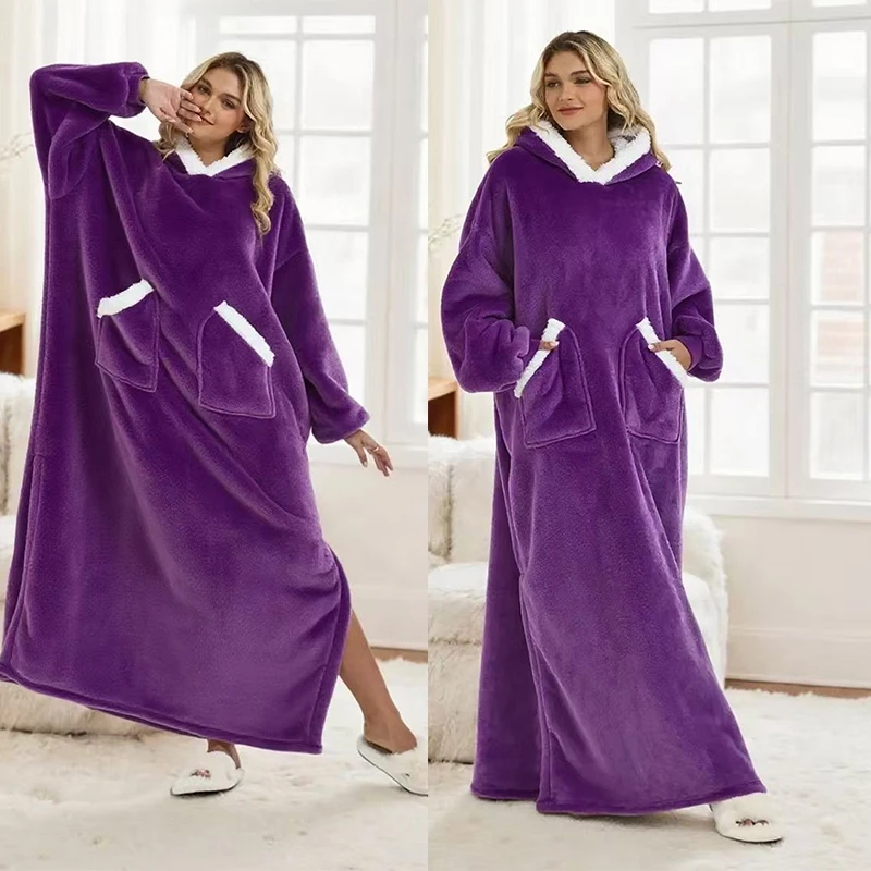 Super Long Flannel Blanket Cold-Proof Nightgown Pyjamas Sleeves Winter Hoodies Sweatshirt Women Men Pullover Fleece Giant