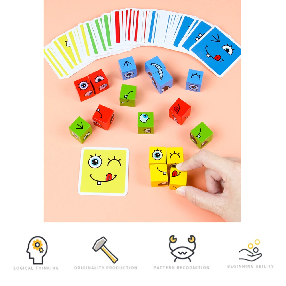لعبة ألغاز للأطفال - لعبة المكعب السحري لتغيير الوجه الخشبي، مكعبات تعليمية لتغيير الوجه، 3 سنوات فما فوق #5