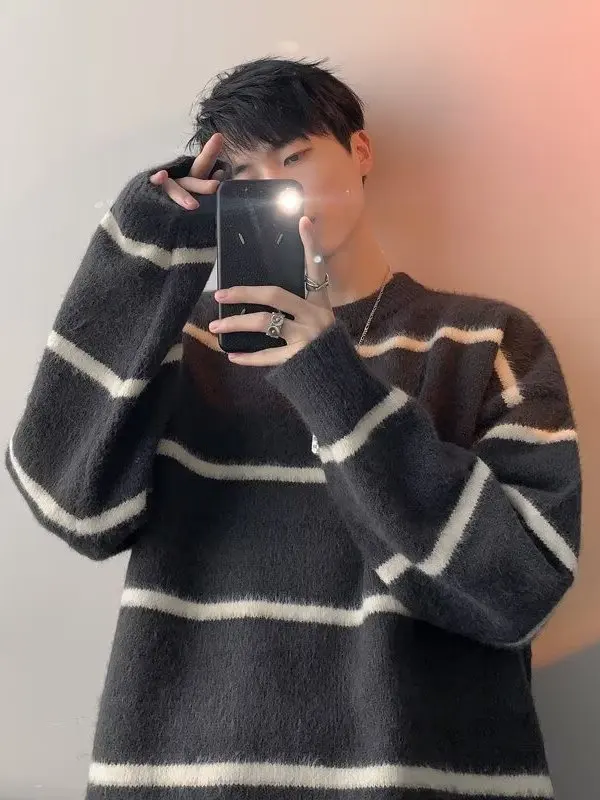 

plus Size Men's Knitted Sweater round Ne Loose Fit Thiened Winter Faion Hong Kong Sle Casual Wear Polyester Fiber