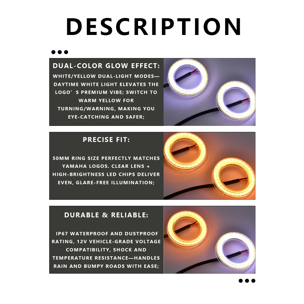 MTKRACING For YAMAHA LED Angel Eyes 50mm Motorcycle Lights COB Circle Waterproof White/Yellow Ring Light Logo