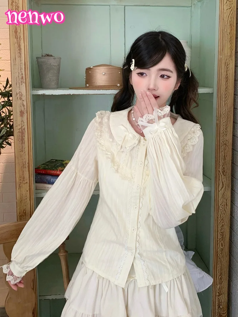 

Японская милая женская блузка с длинным рукавом в стиле Лолита, с воротником-стойкой, милый мягкий дизайн, разные цвета на выбор, универсальные осенние топы