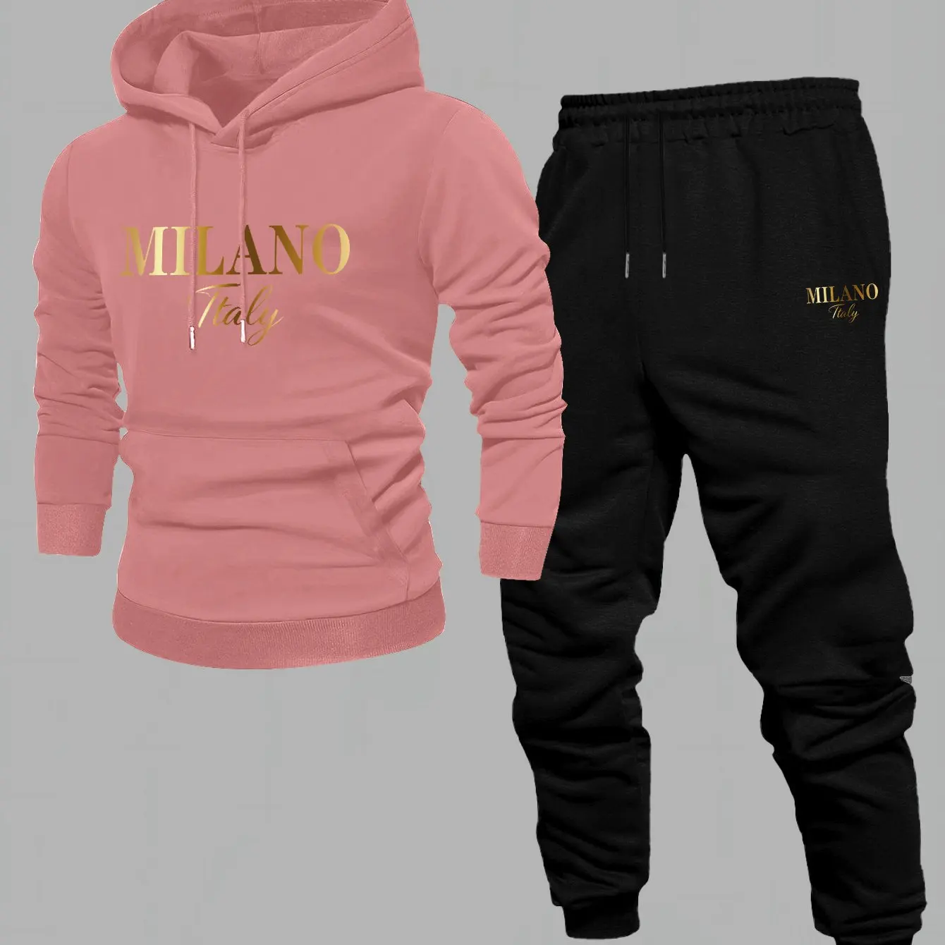 Lined Autumn/Winter New Men's Printed Hoodie Casual 2pcs, Long Sleeve Hooded Sweatshirt and Drawstring Casual Pants For Couples - view 4
