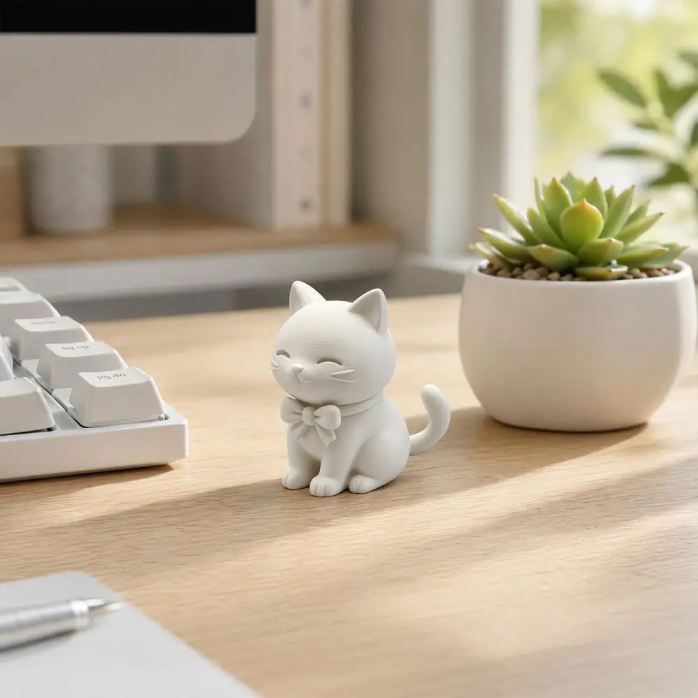 Mini Cat Bow Tie Ornament Small Desktop Cat Decoration 3d Printed Cute Cat Ornament Mini Matte White Figurine with Bow for Home