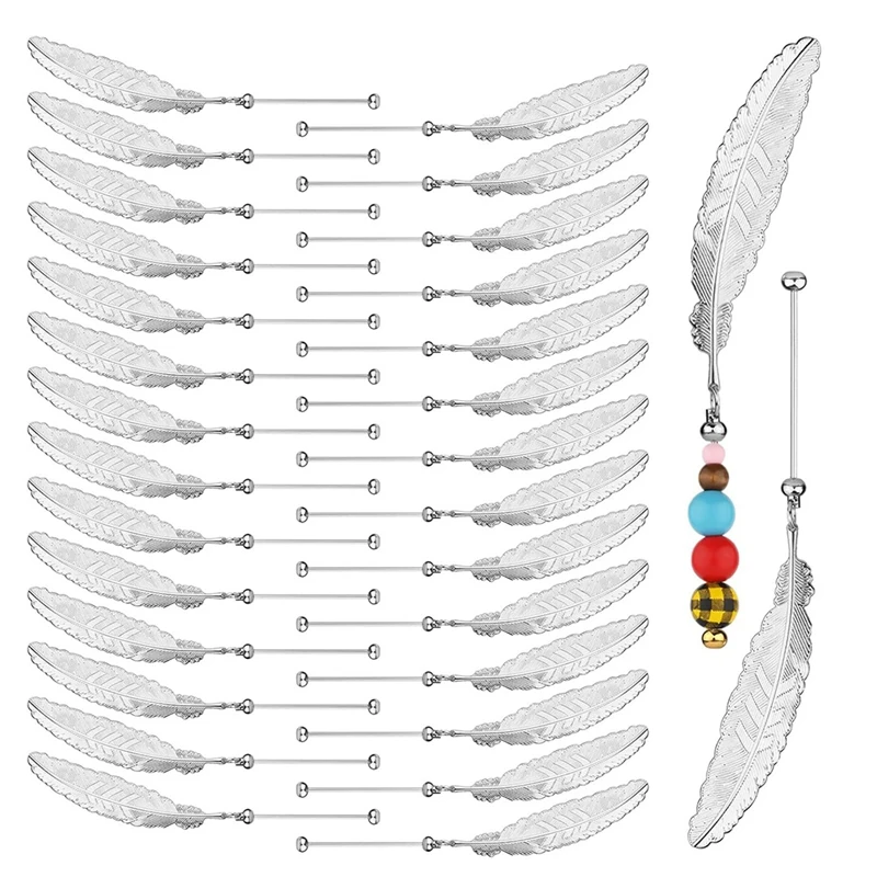 30Pc DIY Beadable Bookmarks,Blank Bar With Featherpendant Beaded Page Holder Book Mark Craftmaking Kit For Book Lovers