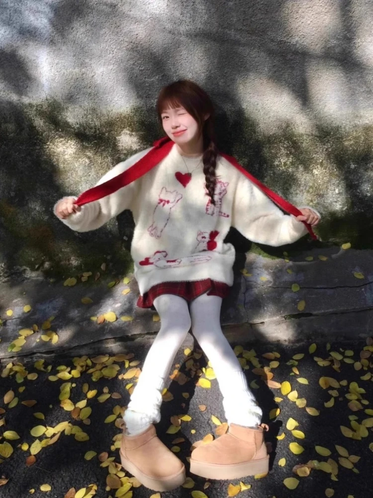 Preppy Style Pullovers Cartoon Jacquard Design Aesthetics Sweet Cute Autumn Winter Sweaters for Women Fashion All Match Clothing