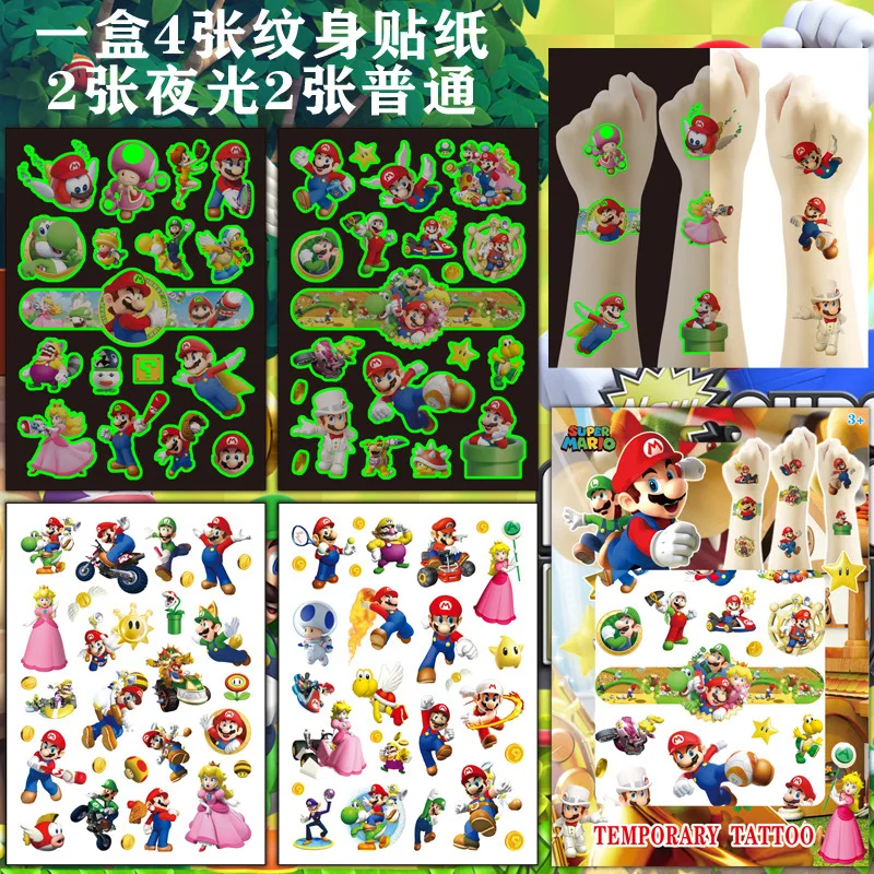 

4sheet noctilucent and ordinary Tattoo Super Mario Stickers Waterproof Cute Sticker Funny Cartoon Kid Birthday Gift Reward Toy