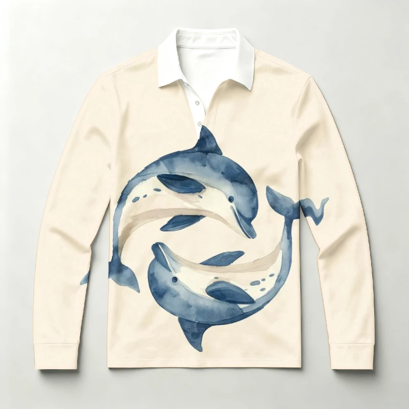 Men's Long Sleeve Polo Shirt Vintage Watercolor Dolphin Graphic Print Contrast White Collar Casual Fashion Golf Shirts Tops