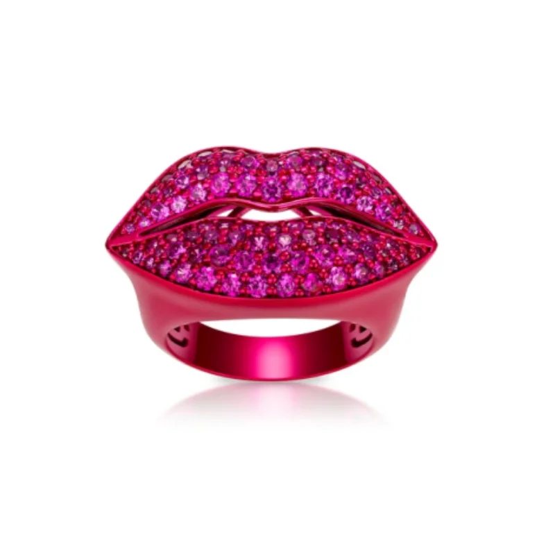 Bellux Pink Lips Shape Ring for Women Full Paved Charm Rose 925 Silver Zircon Statement Ring Creative Party Jewelry Gift for Her