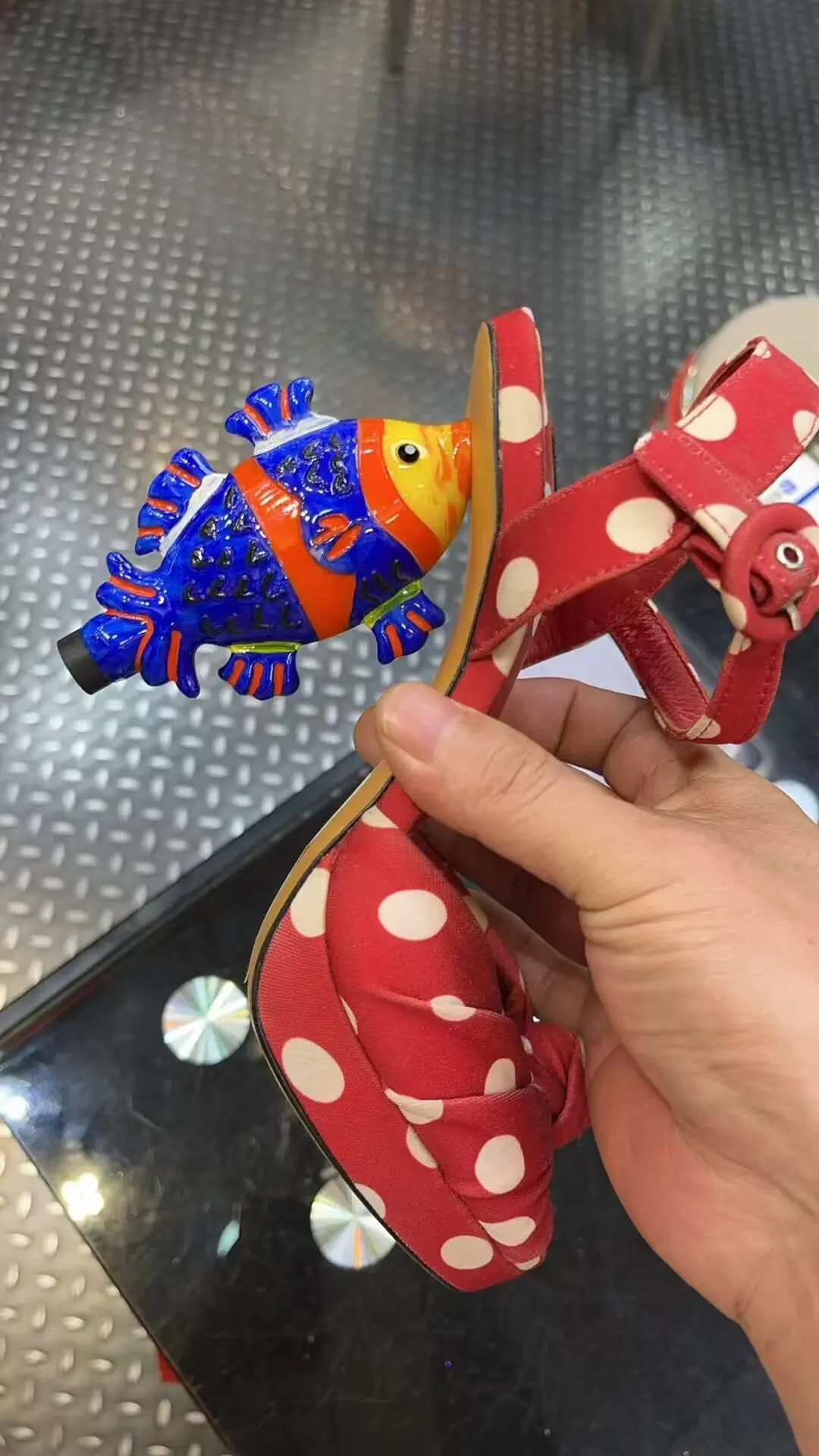 New Arrival White Polka Dot Sandals Knotted Peep Toe Fish Shaped Heel Platform Buckle Strap Fun Creative Party Sandals For Women