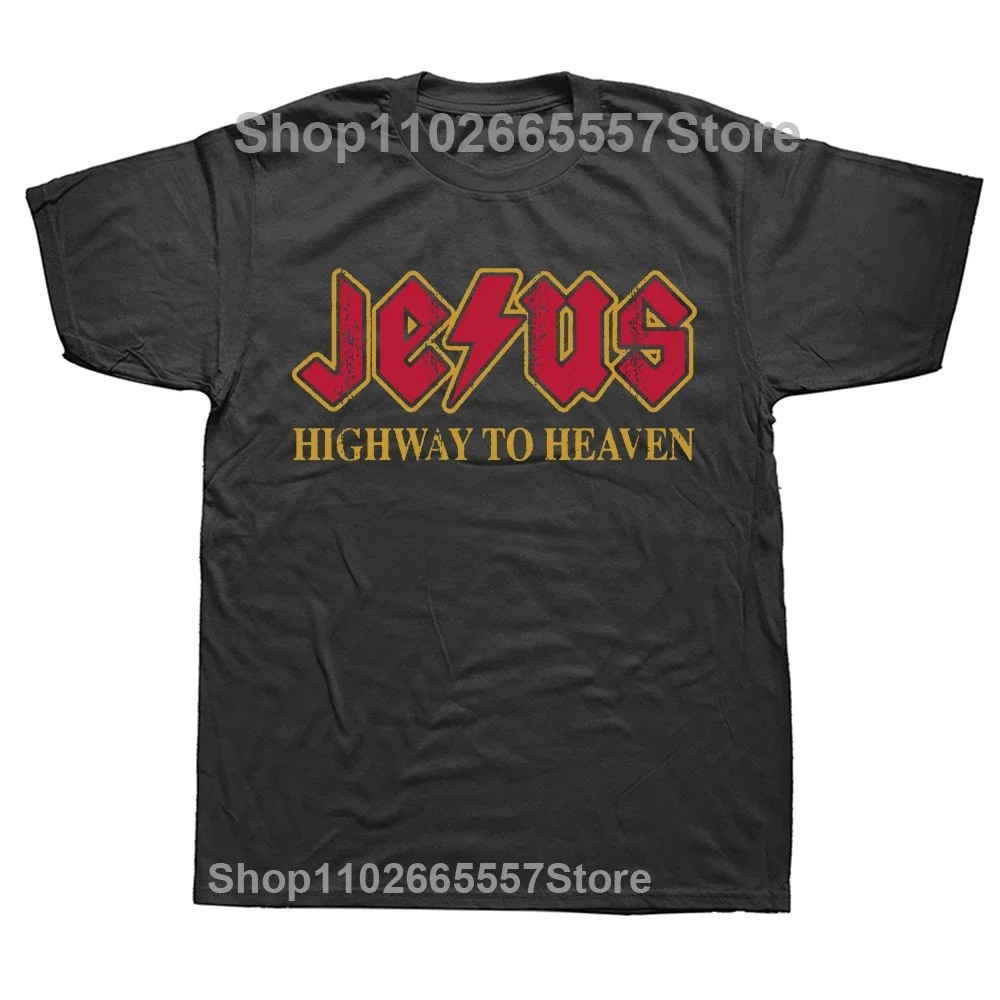 Vintage Jasos Rocks Highway To Heaven T-Shirts for Men O Neck Cotton T Shirt Christ Christian Religion Tees Printed Clothing