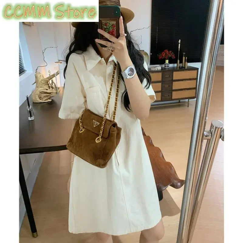 Fashion Lapel Button Pockets Solid Color Casual Dress Female Clothing Summer New Loose Short Sleeve Young Style Shirt Dress