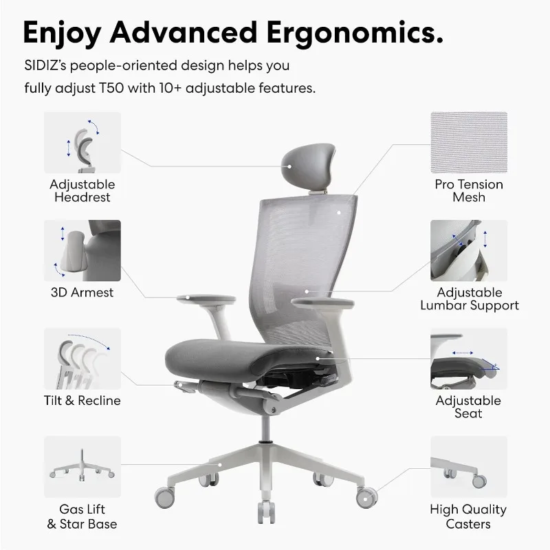 T50 Ergonomic Office Chair : High Performance Home Office Chair with Adjustable Headrest, Lumbar Support, 3D Armrest