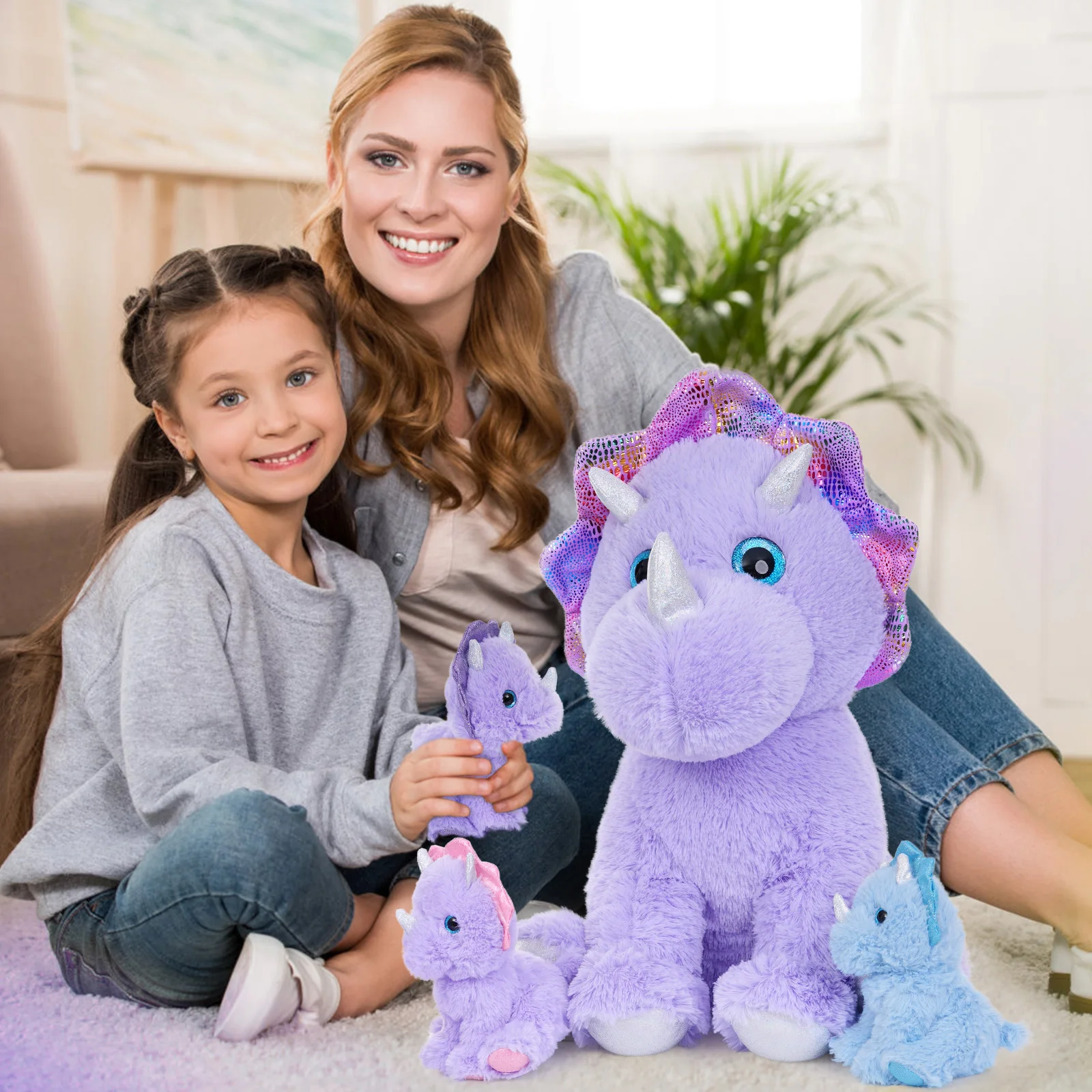 MaoGoLan Triceratops Animal en peluche, 21 pouces, maman dinosaure violet avec 3 bébés, ensemble de jouets d'oreiller en peluche dinosaure géant
