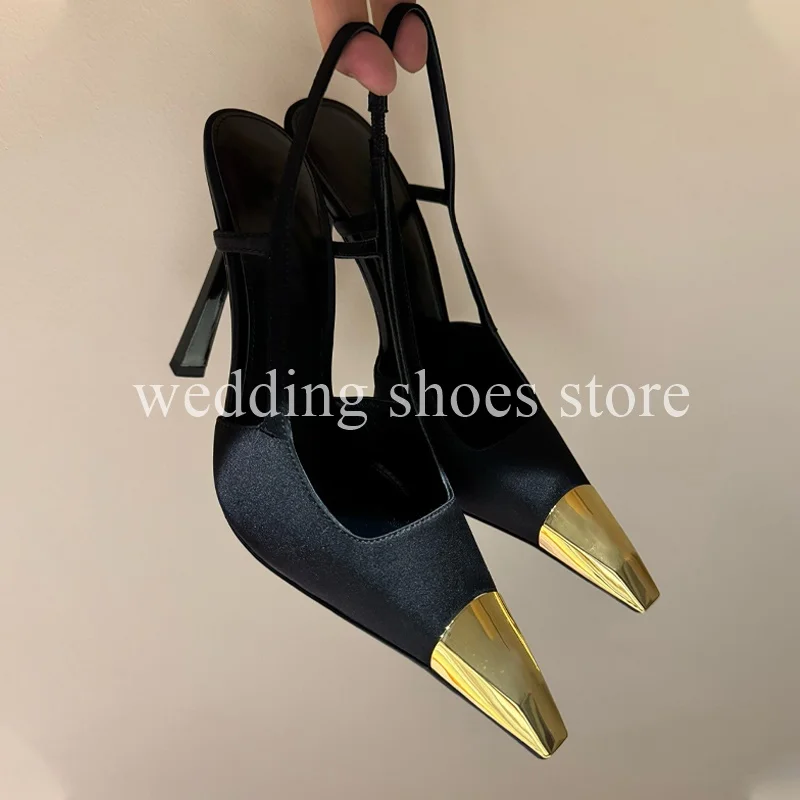 Metal Head Decoration High Heels Pointed Toe Shallow Mouth Genuine Leather Single Shoes Women Pumps Wedding 10.5CM Stiletto Heel